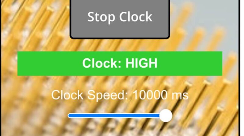 Simulated SR Flip-Flop with high-level trigger, showing Set and Reset inputs, clock signal, and Q output changes.